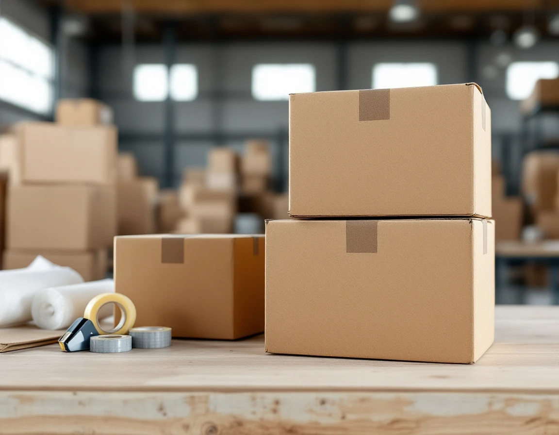 Close-up of unlabeled cardboard shipping boxes stacked on pack-and-ship workspace with packing materials