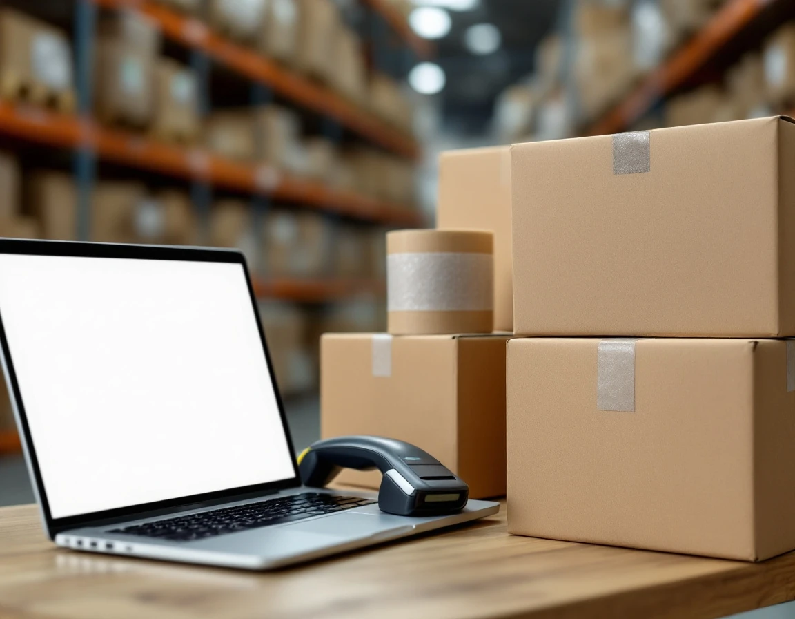 Barcode scanner and packed boxes on shipping desk with blank laptop during warehouse operations