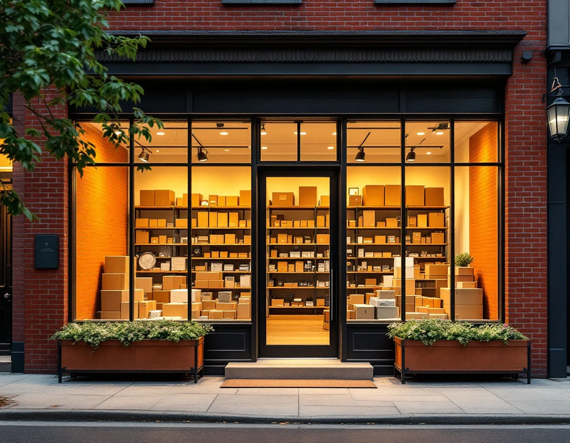Modern pack-and-ship store exterior with glass windows showing organized inventory and warm evening lighting