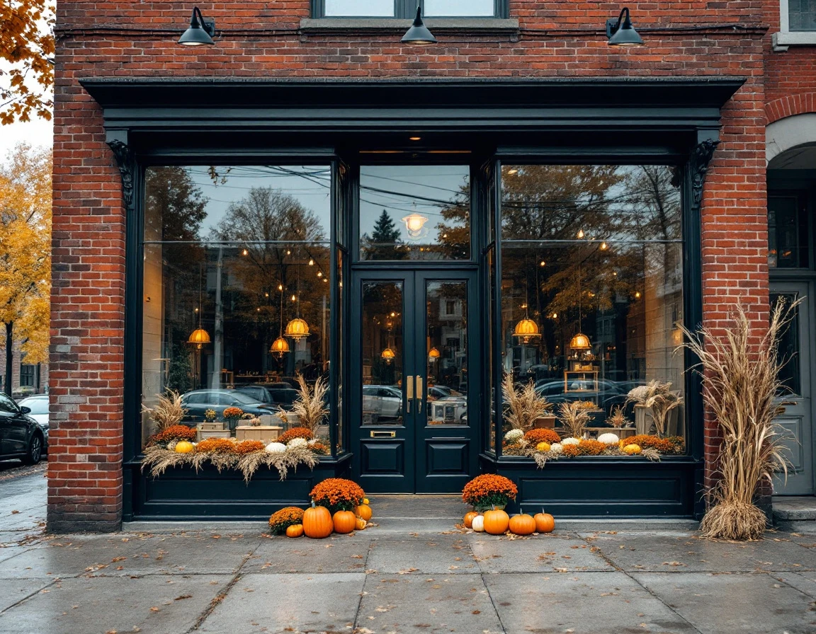 Brick storefront with autumn decorations, clean display windows, and natural fall afternoon lighting