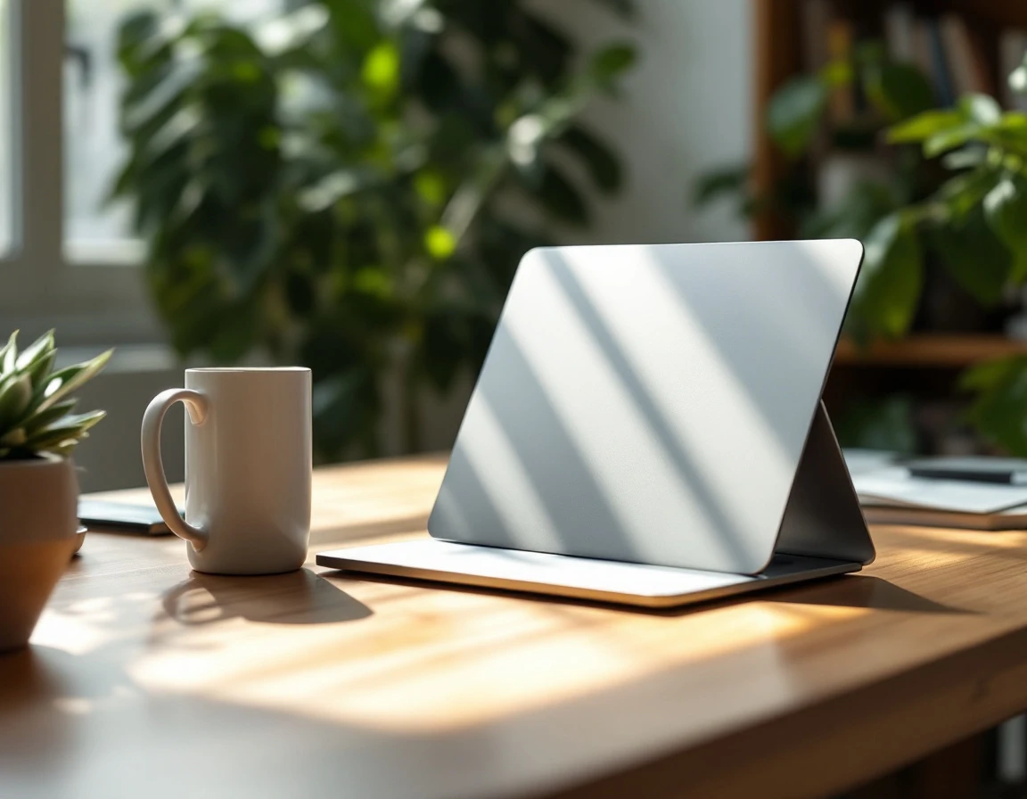 Closed laptop on wooden desk with coffee and plant in natural morning light
