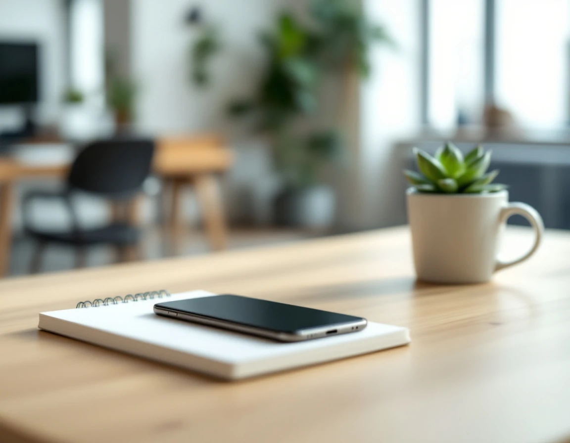 Clean modern workspace with smartphone on wooden desk in contemporary small business office setting