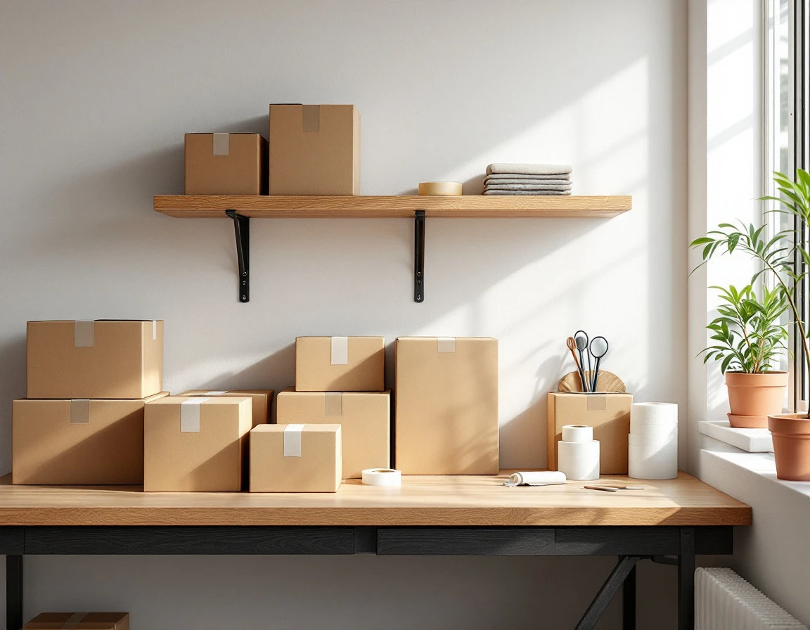 Organized packing station with shipping boxes and supplies in a clean small business workspace