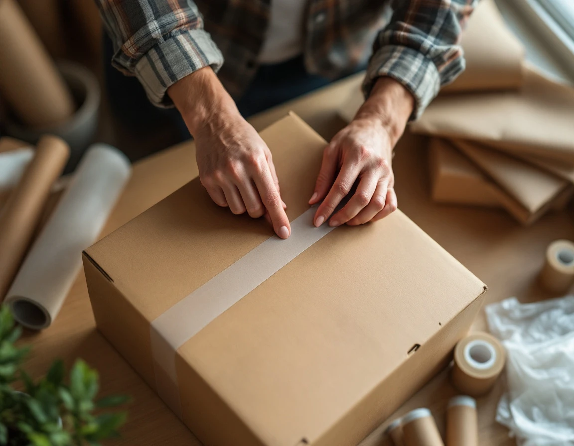 Small business owner sealing shipping boxes with packing tape at organized workstation with protective materials