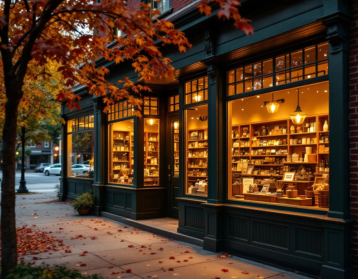 Independent retail storefront with warm lighting and autumn foliage at golden hour