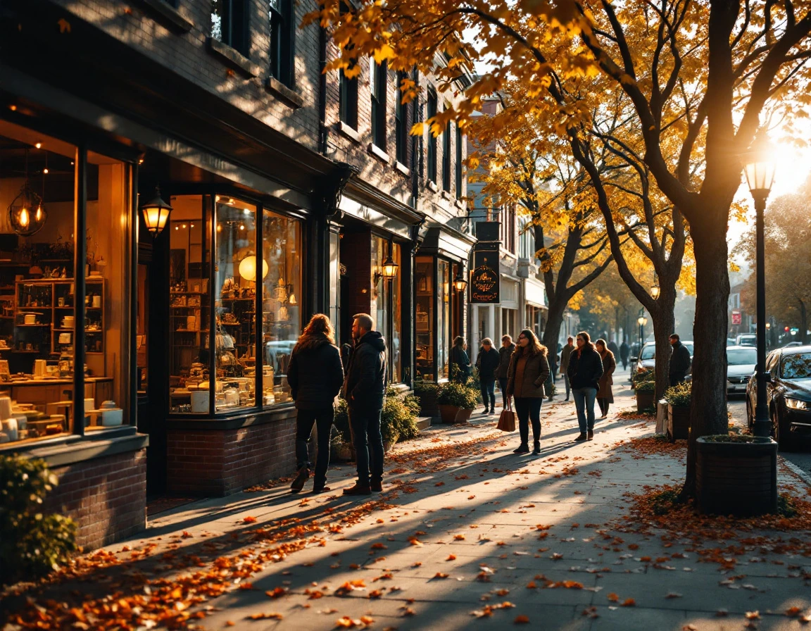 Autumn street scene showing customers engaging with independent retailers during golden hour on a tree-lined sidewalk
