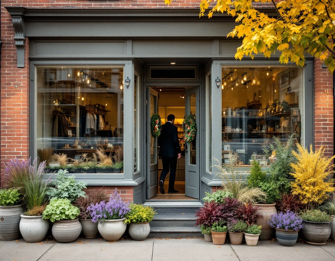 Independent retail storefront with seasonal autumn plants and customer entering through open door