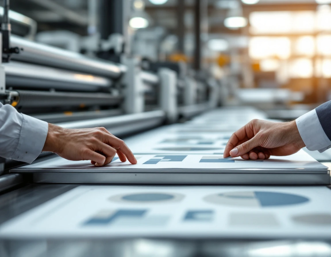 Print professional inspecting freshly printed materials on commercial printing press equipment