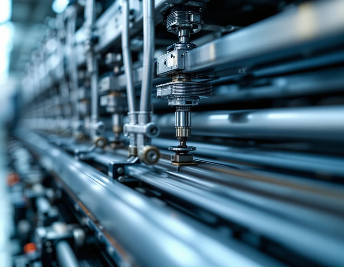 Close-up view of precision printing press rollers and mechanical components in a modern print facility