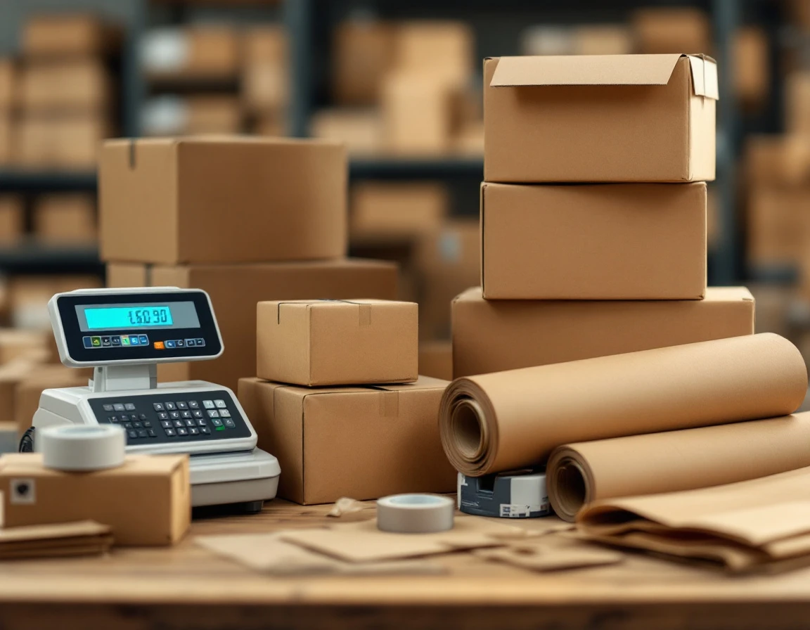 Cardboard shipping boxes and packing supplies on warehouse table with postal scale and kraft paper rolls