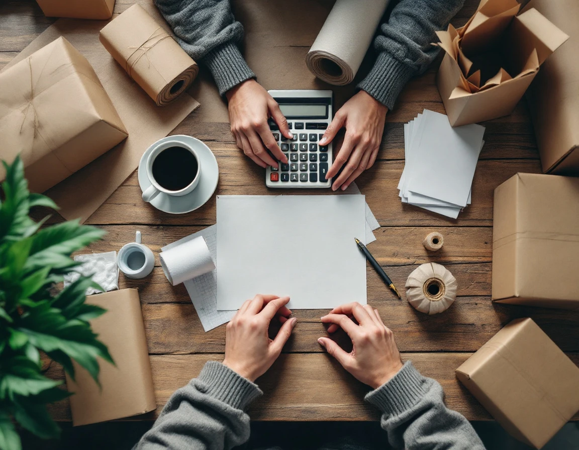 Hands using calculator on shipping workspace with cardboard boxes and packing materials