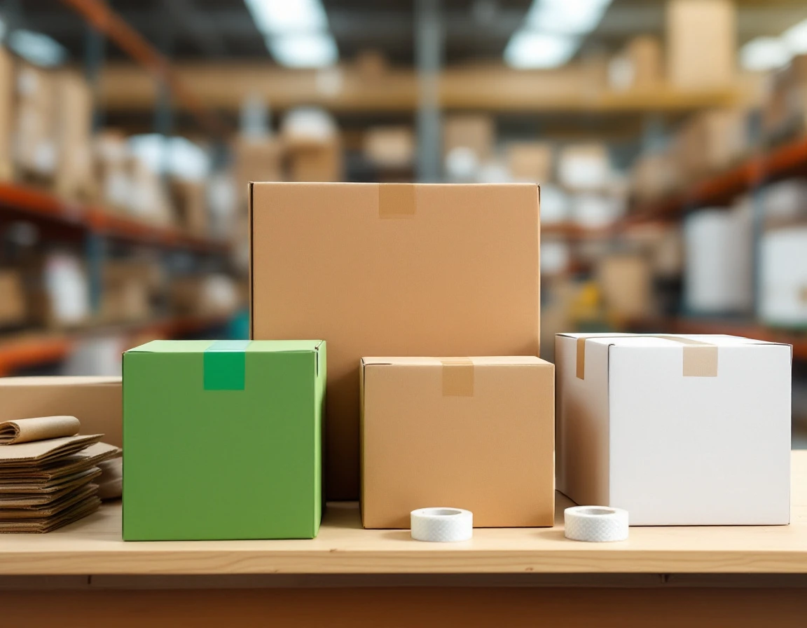 Variety of unmarked shipping boxes and packing materials arranged on warehouse workbench for carrier evaluation