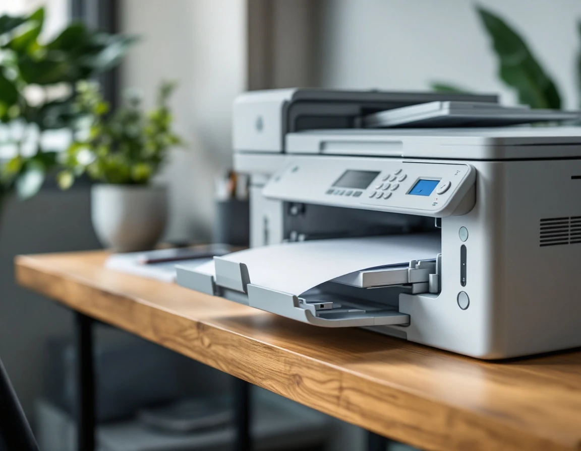 Commercial printer mid-cycle with paper output on wooden desk showing realistic print shop equipment