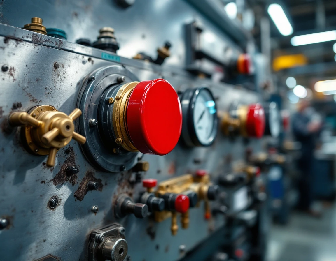 Industrial printing press control panel with emergency stop button, gauges, and mechanical components