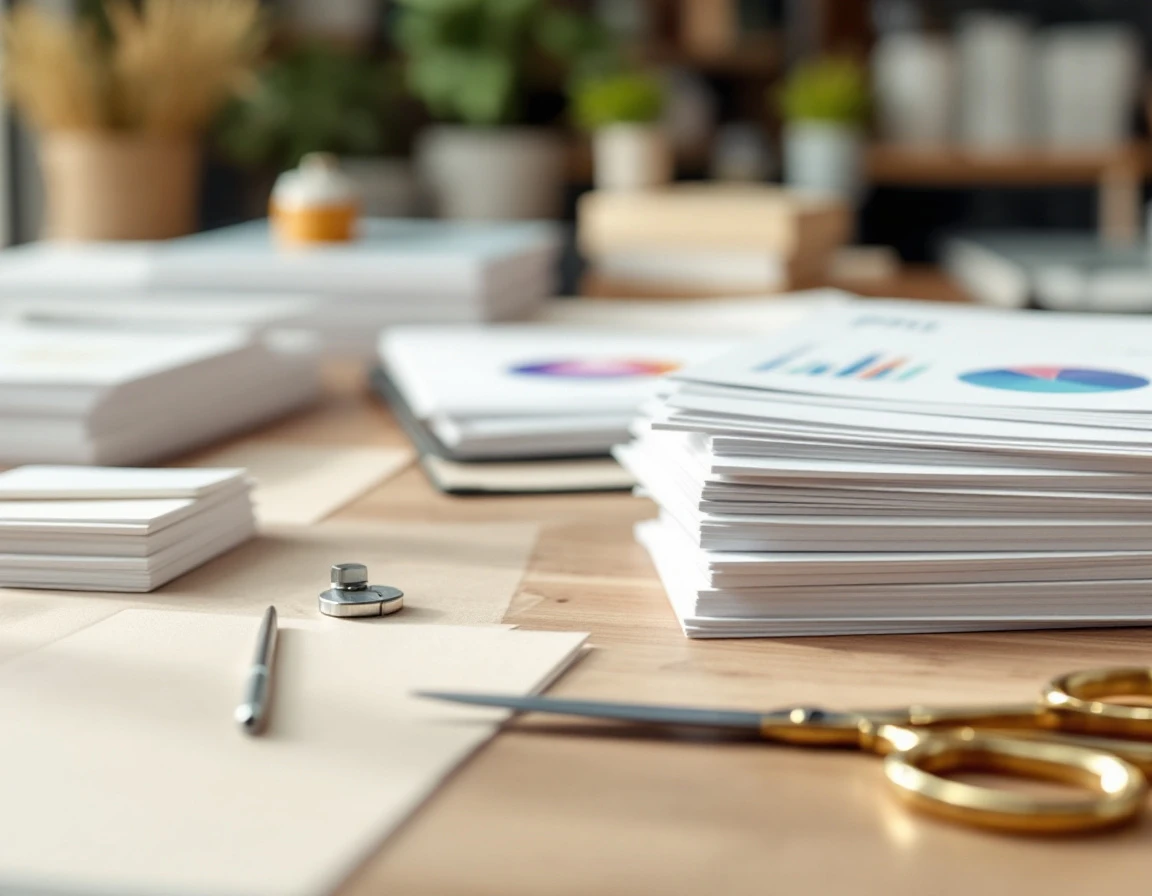 Organized print shop workspace with paper samples, tools, and abstract KPI charts in soft focus