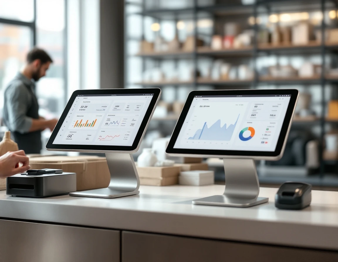 Modern point-of-sale terminals with integrated displays on retail checkout counter in contemporary store setting