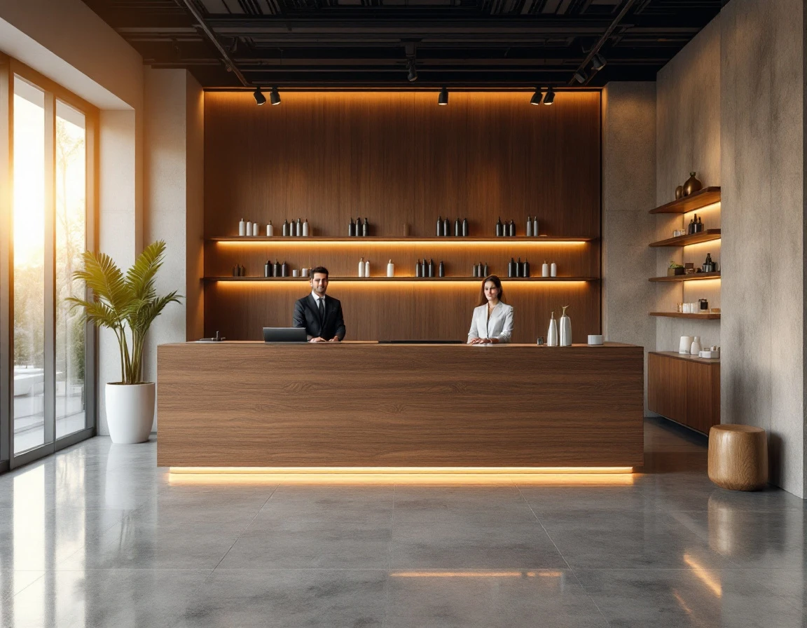 Modern retail reception desk with warm lighting and professional staff in minimalist showroom setting