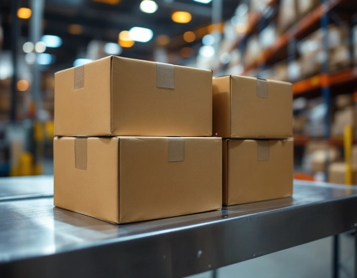Cardboard shipping boxes on sorting table in retail warehouse with authentic texture and natural lighting