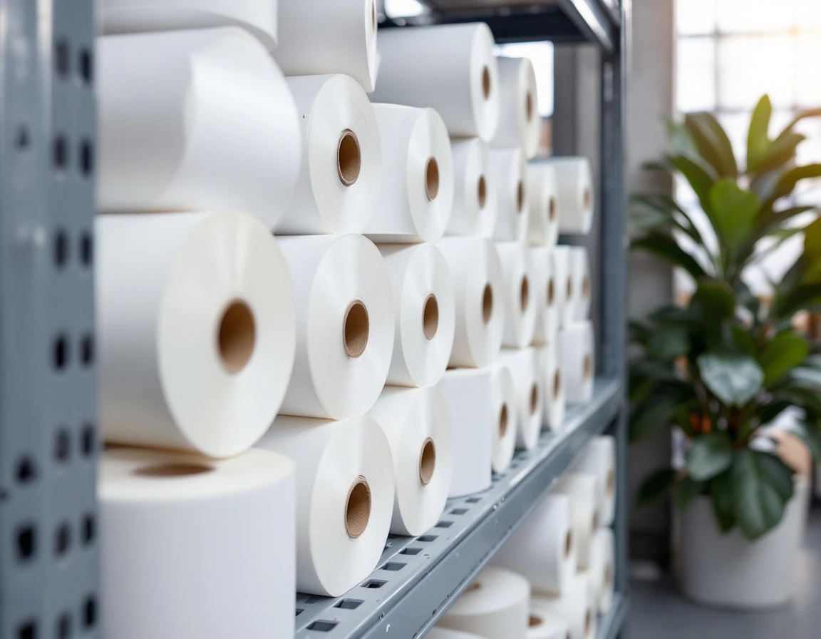Organized rolls of printing paper on industrial shelving in a professional print shop workspace