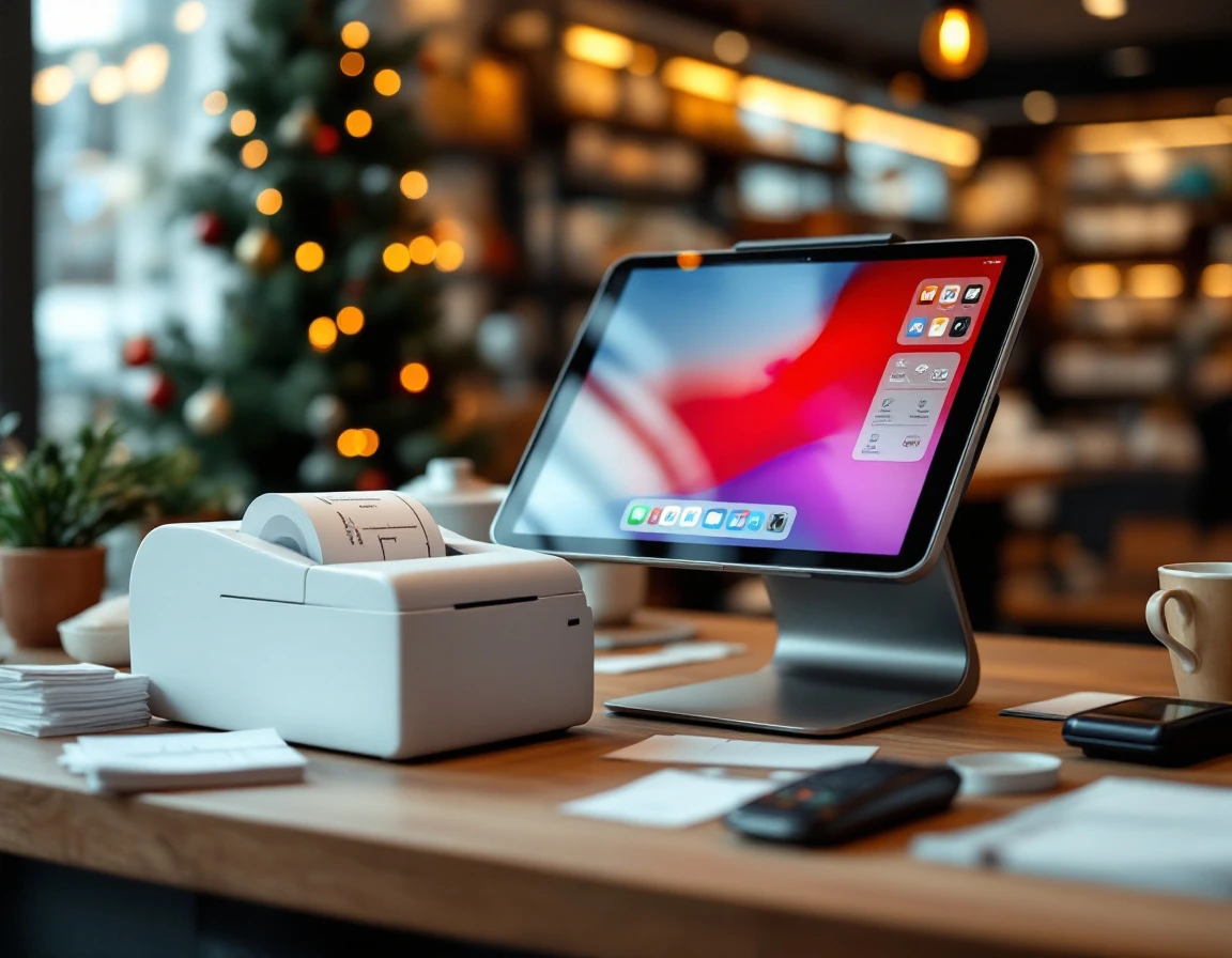 Modern retail POS terminal with receipt printer and card reader on checkout counter