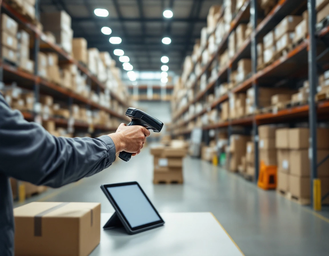 Warehouse worker scanning inventory with barcode reader near point-of-sale terminal and stocked retail shelves