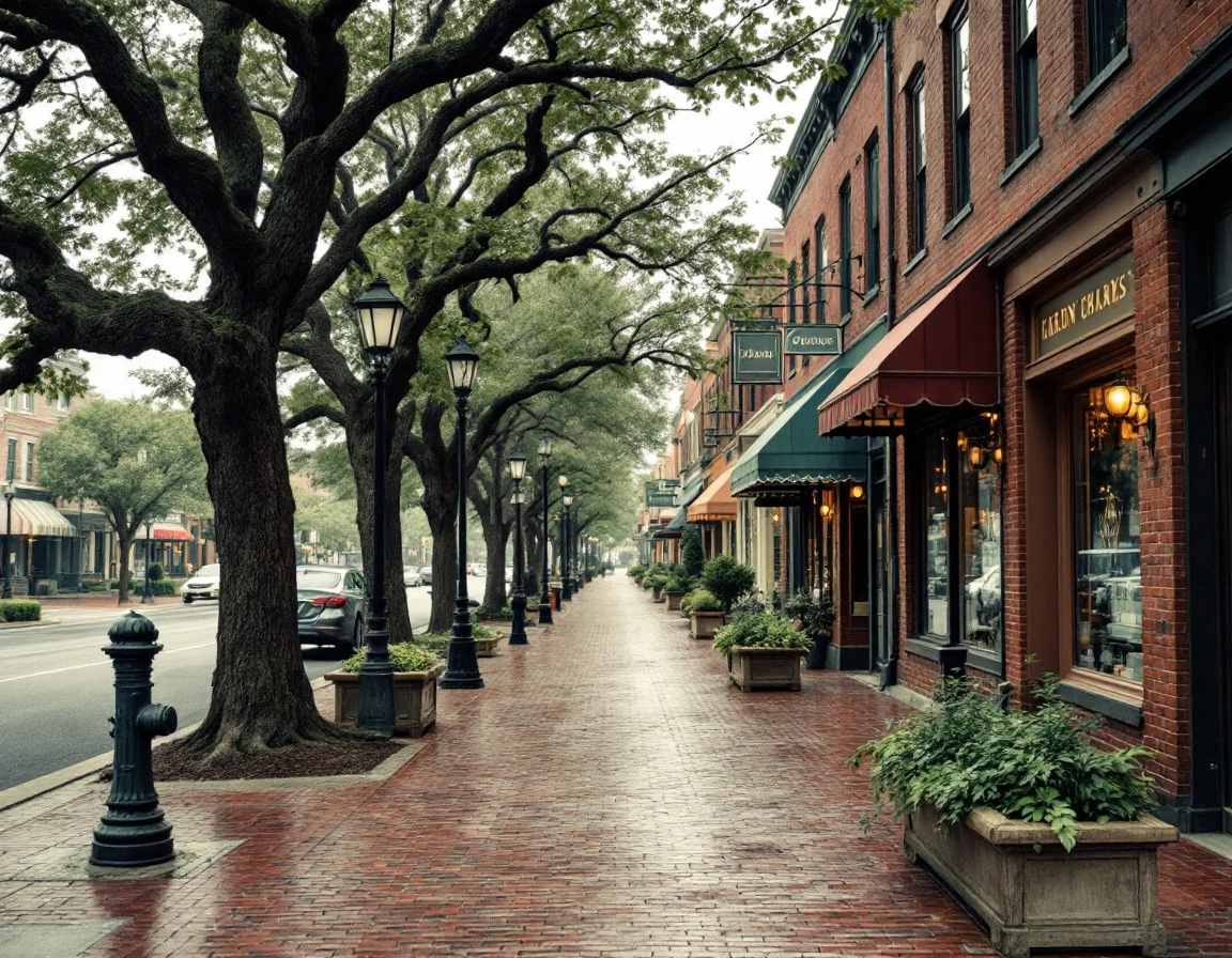 Tree-lined pedestrian shopping street with brick storefronts in established small business district