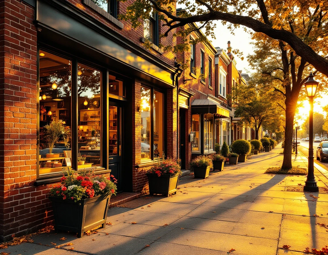 Brick storefront with flower planters on neighborhood street at golden hour