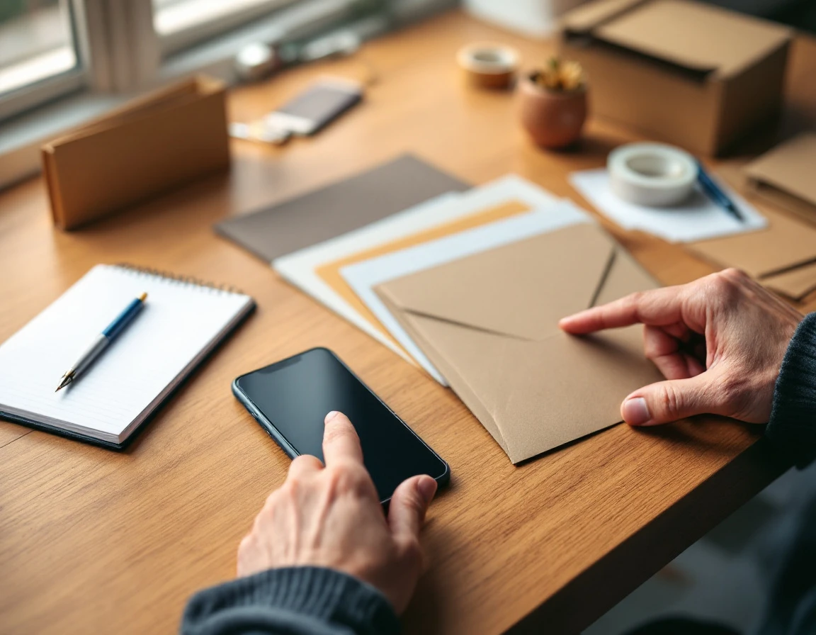 Pack-and-ship workspace with smartphone, blank envelopes, and packaging materials showing omnichannel marketing tools