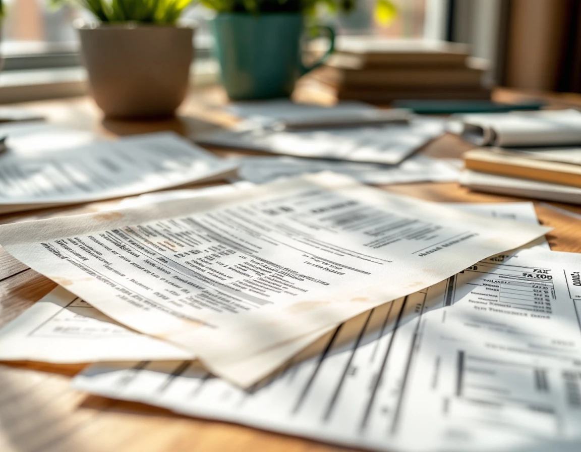 Scattered tax documents and receipts on wooden desk showing realistic paper organization for audit preparation