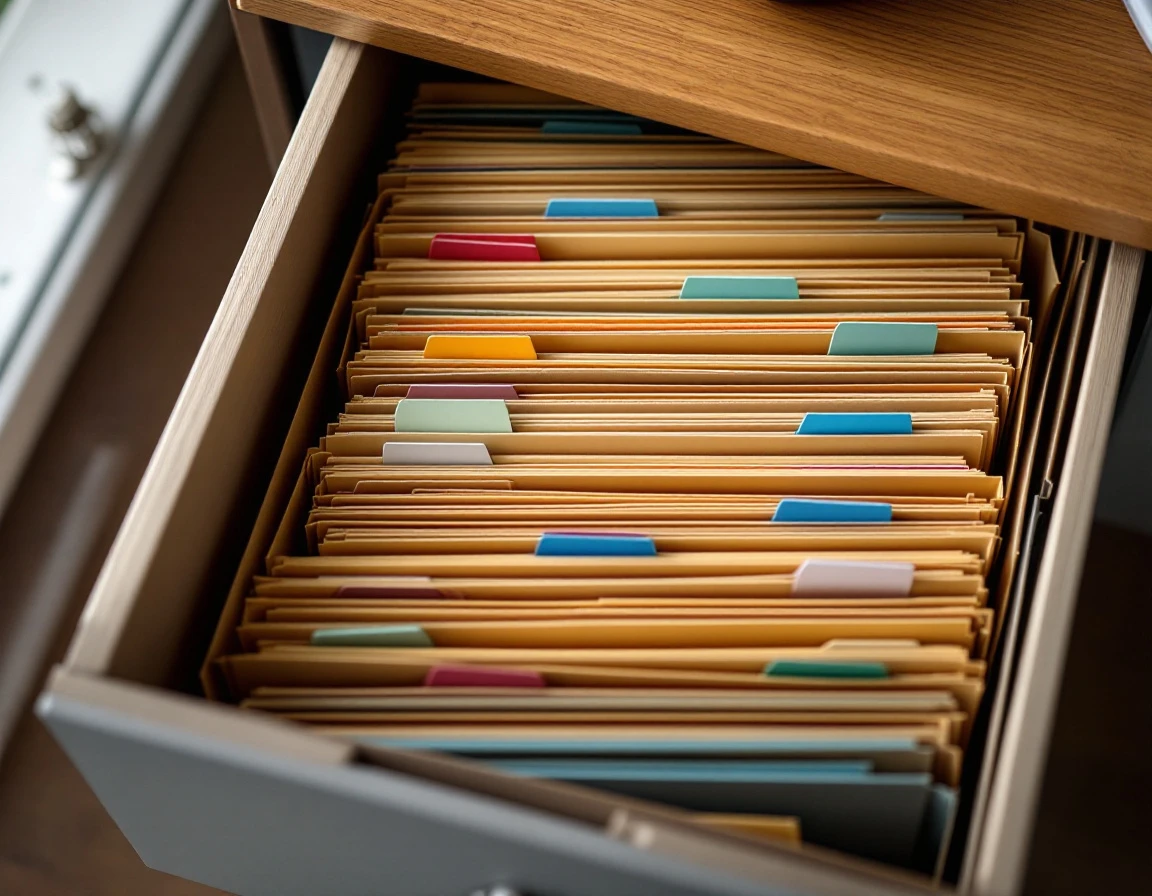 Organized filing system with color-coded folders in office drawer with natural lighting