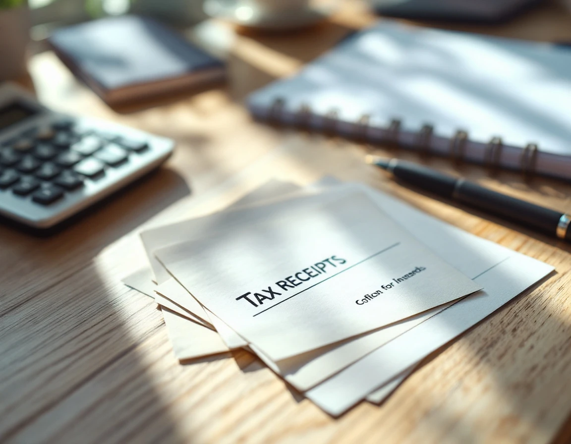 Organized tax receipts and calculator on desk representing small business financial record-keeping