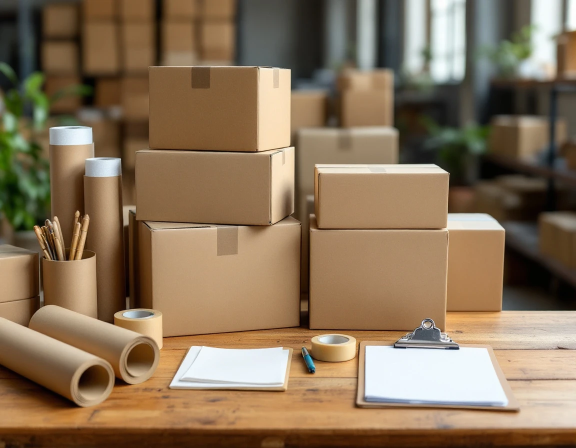Organized packing station with plain cardboard boxes, shipping supplies, and blank clipboard on wooden workbench
