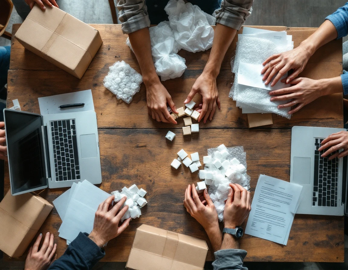 Overhead view of multiple hands collaborating over shipping materials and inventory items on a workspace table