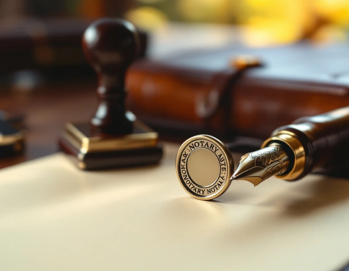 Brass notary seal and fountain pen on mahogany desk with leather portfolio in professional office setting