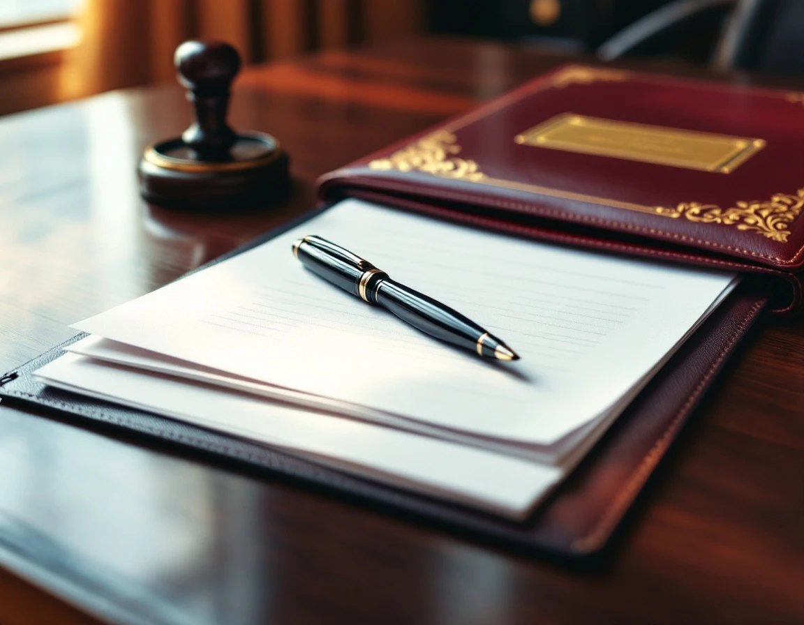 Professional desk with organized legal documents, notary seal, and fountain pen arranged for document preparation