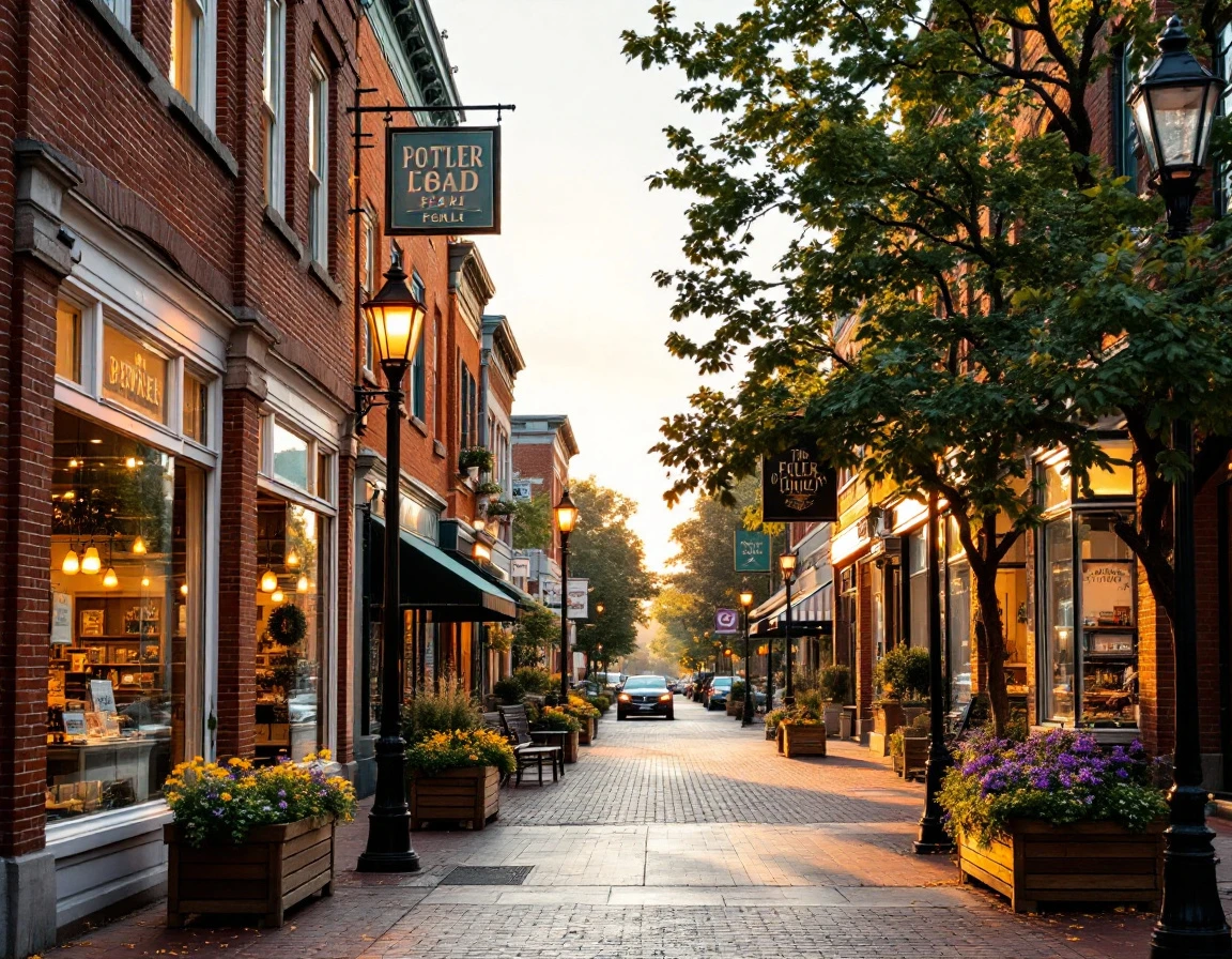 Historic brick retail district at golden hour with flower planters and tree-lined sidewalks