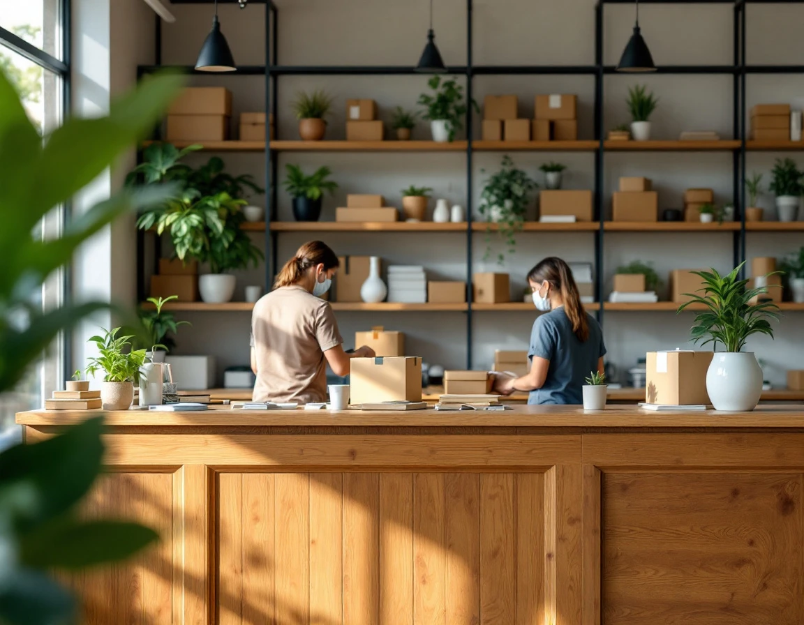 Modern pack-and-ship store interior with organized counter workspace and natural lighting from storefront windows