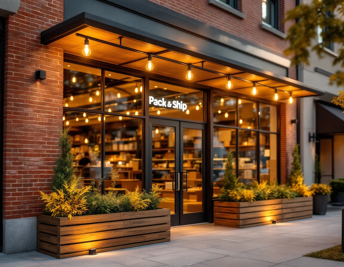 Modern pack-and-ship retail storefront with warm lighting and welcoming neighborhood atmosphere at sunset