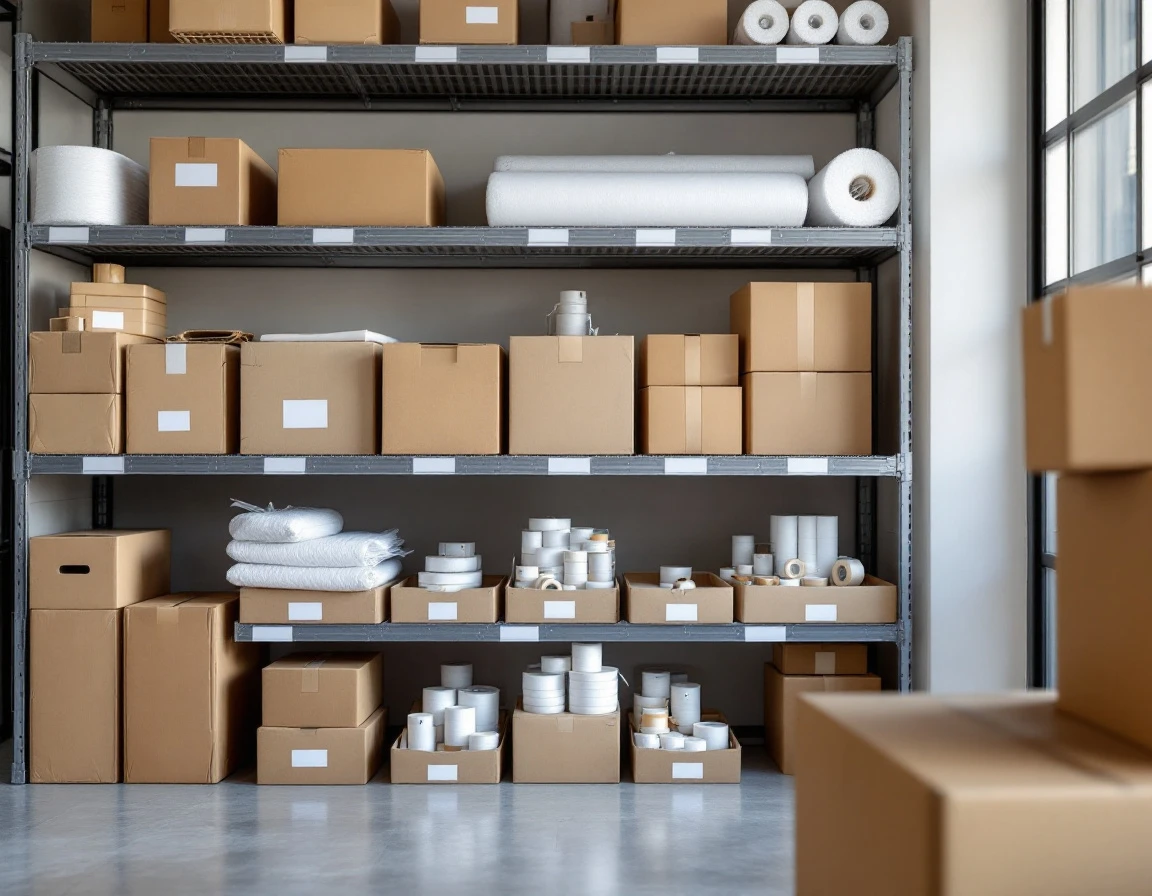 Organized shelving system with shipping supplies and packing materials in a retail stockroom