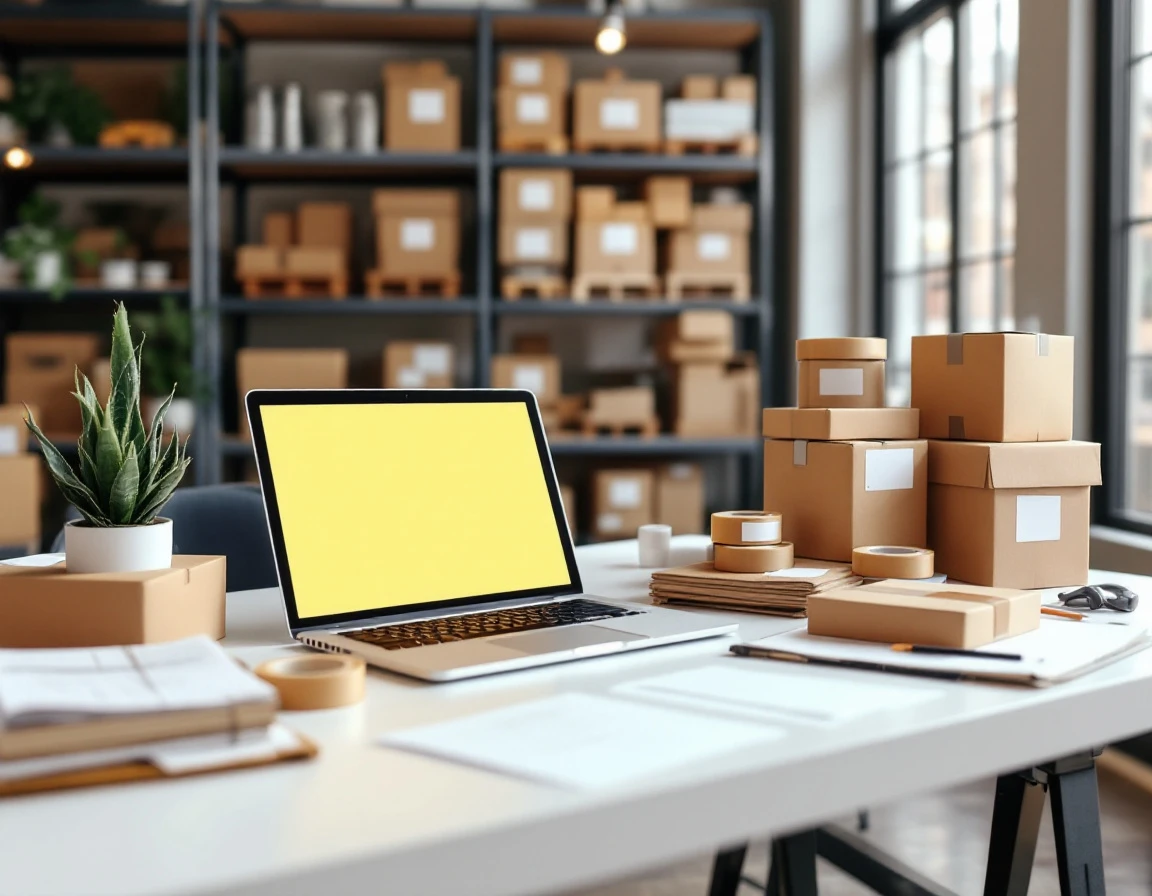 Shipping workstation with laptop, cardboard boxes, packing tape, and organized supplies in retail environment