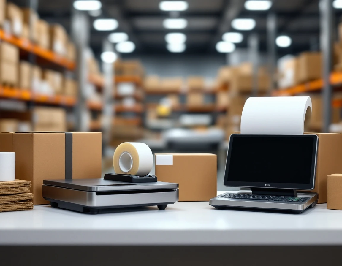Pack-and-ship counter with printer, scale, tape dispenser, and shipping materials in retail fulfillment center