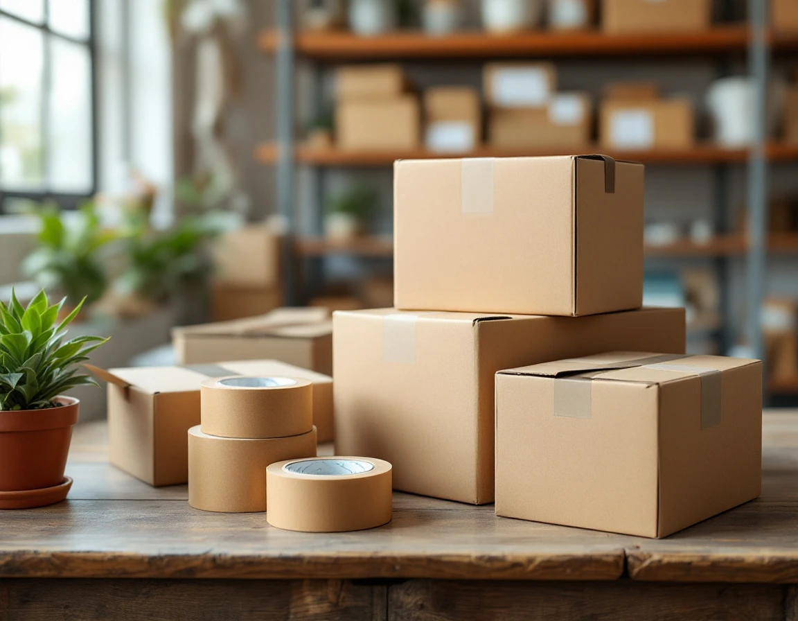 Brown packing tape rolls and cardboard boxes on wooden table in shipping store workspace