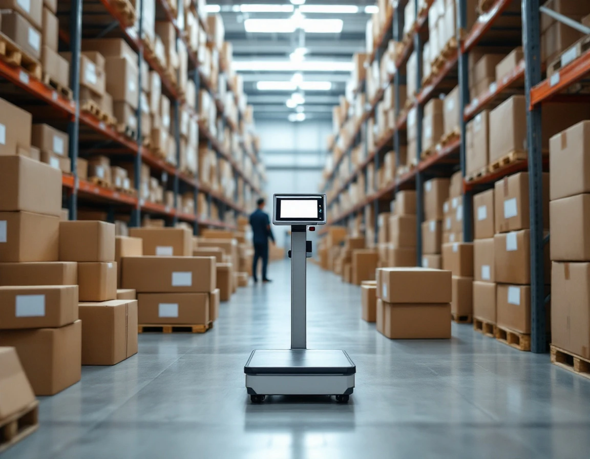 Warehouse shipping scale surrounded by stacked cardboard boxes during holiday fulfillment season