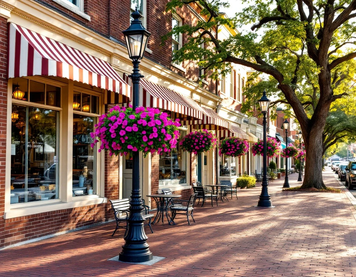 Downtown retail street with brick storefronts, flower baskets, and outdoor seating on summer afternoon