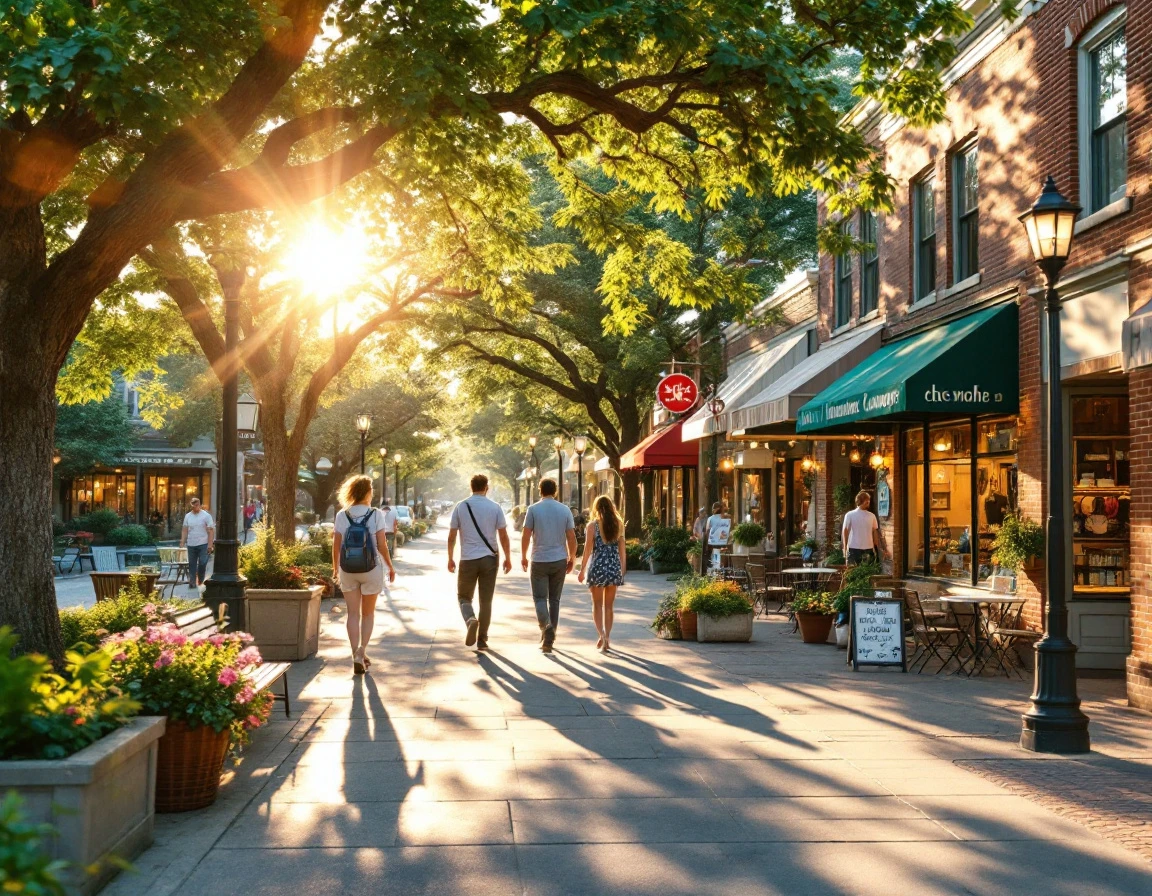 Neighborhood shopping street with local storefronts and pedestrians during summer evening