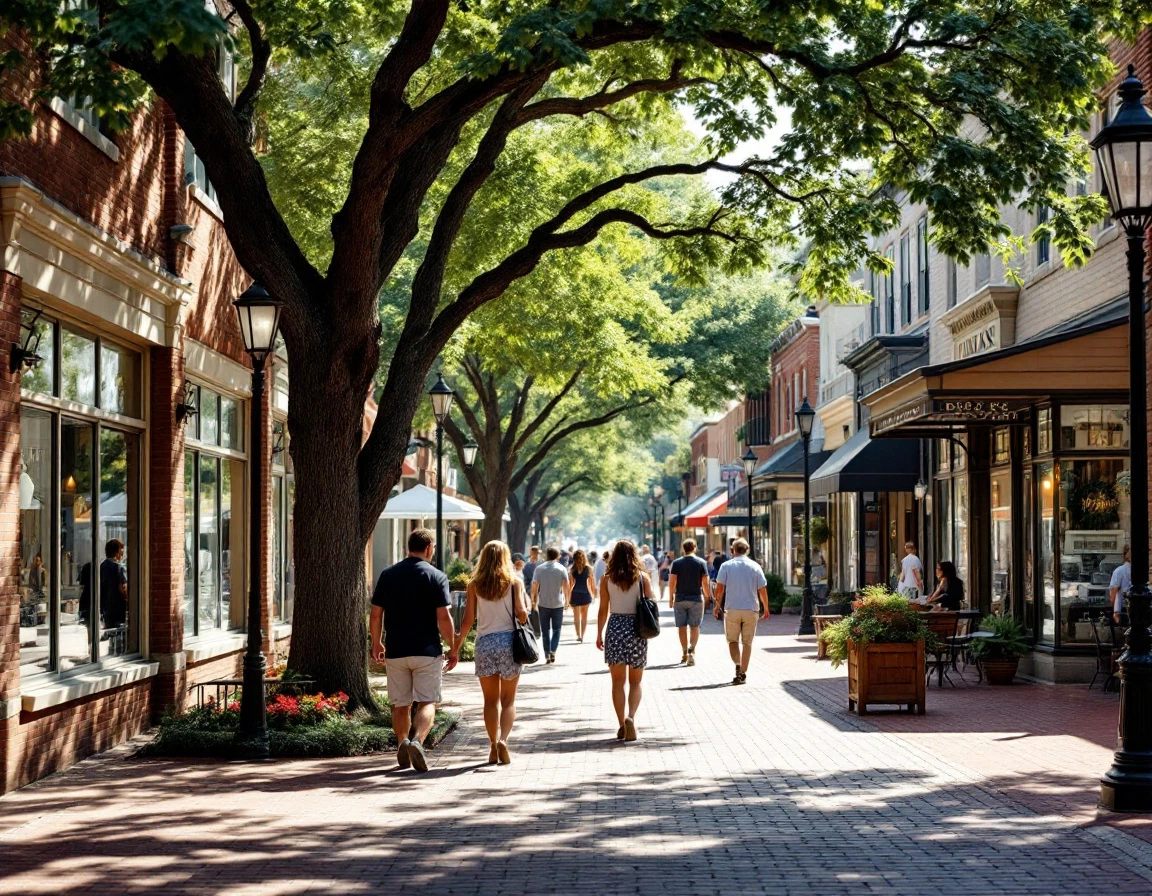 Tree-lined small-town retail district with brick storefronts and pedestrians during quiet summer afternoon