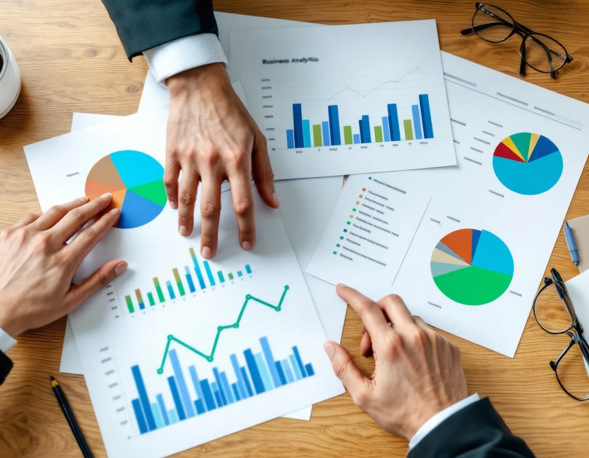 Business analytics documents with blurred data visualizations on wooden desk surface showing retention metrics