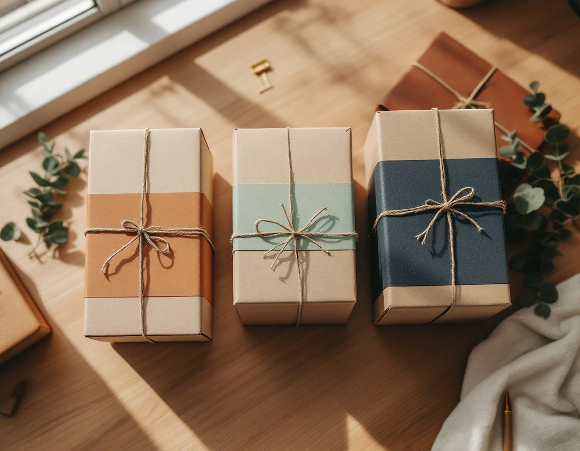 Three tiered service bundles arranged with complementary packaging materials and natural styling elements