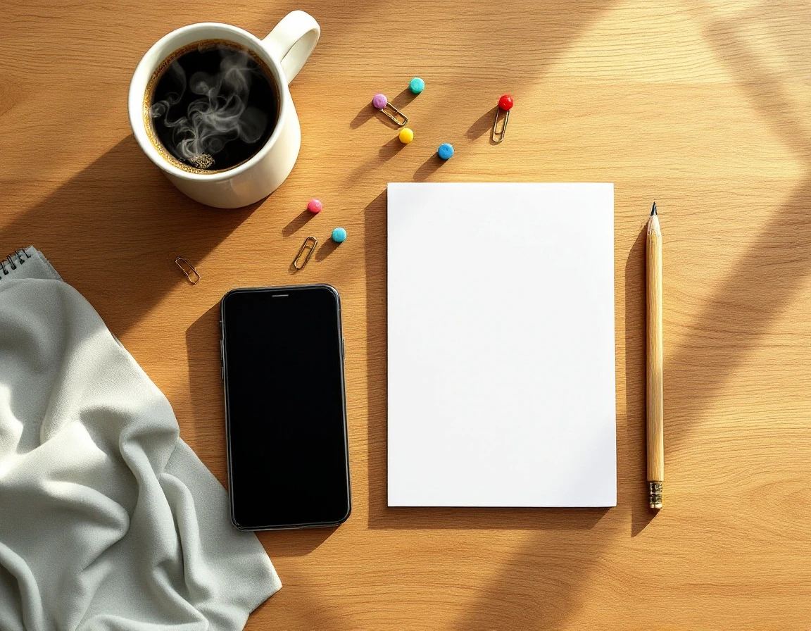 Blank notepad on wooden desk with coffee and office supplies ready for retention planning