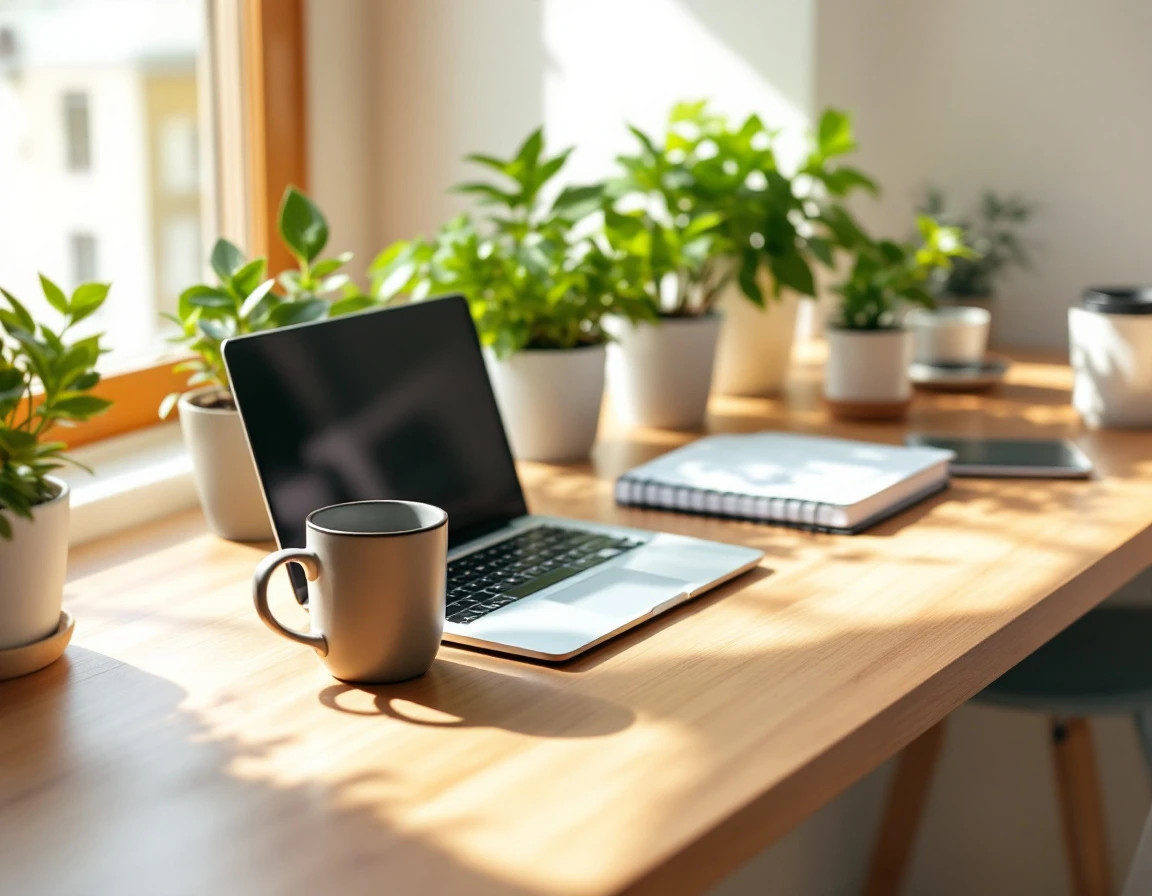 Clean home office desk with laptop, coffee, plants, and blank notebooks in natural window light